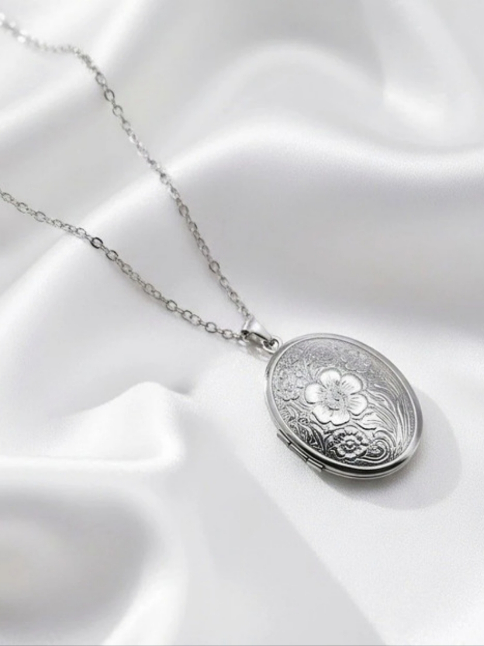 Floral Locket Necklace in Silver